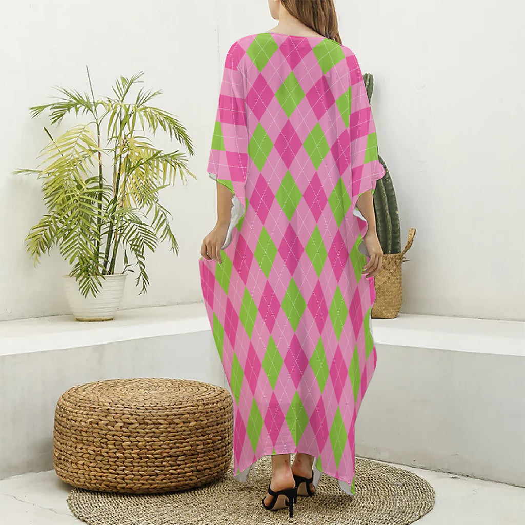 Green And Pink Argyle Pattern Print Silk V-Neck Kaftan Dress