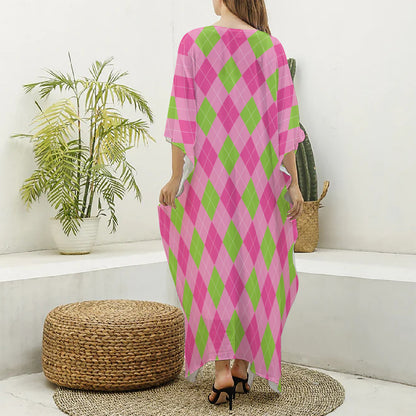 Green And Pink Argyle Pattern Print Silk V-Neck Kaftan Dress