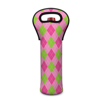 Green And Pink Argyle Pattern Print Single Neoprene Wine Tote