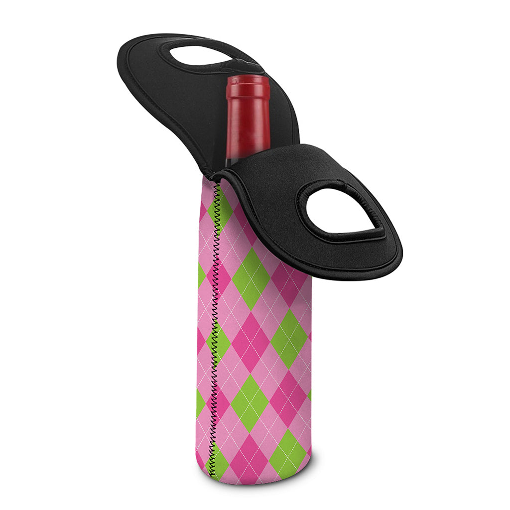 Green And Pink Argyle Pattern Print Single Neoprene Wine Tote