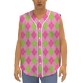 Green And Pink Argyle Pattern Print Sleeveless Baseball Jersey