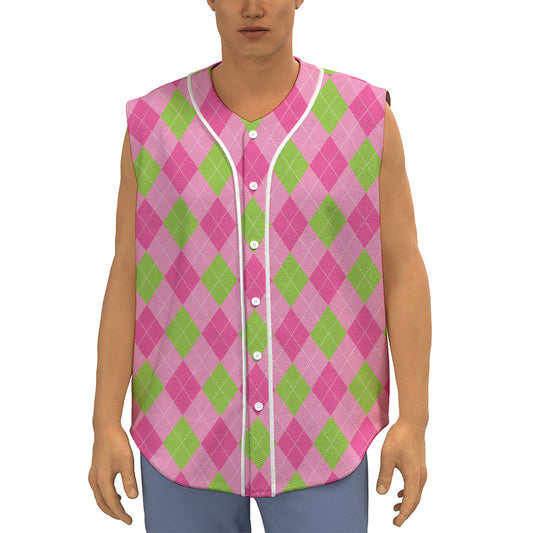 Green And Pink Argyle Pattern Print Sleeveless Baseball Jersey