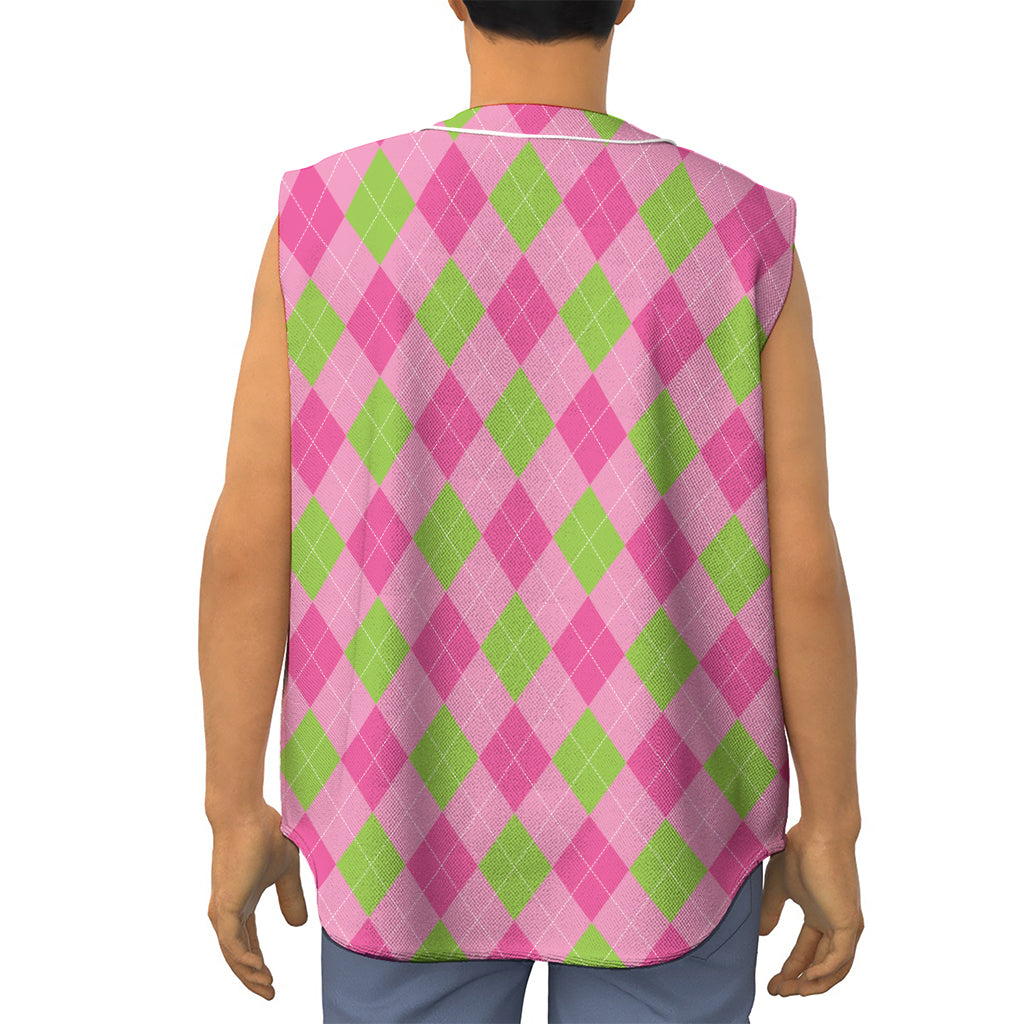 Green And Pink Argyle Pattern Print Sleeveless Baseball Jersey