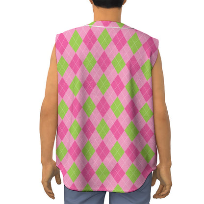 Green And Pink Argyle Pattern Print Sleeveless Baseball Jersey