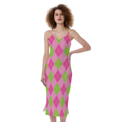 Green And Pink Argyle Pattern Print Slim Fit Midi Cami Dress