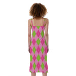 Green And Pink Argyle Pattern Print Slim Fit Midi Cami Dress