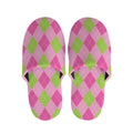 Green And Pink Argyle Pattern Print Slippers