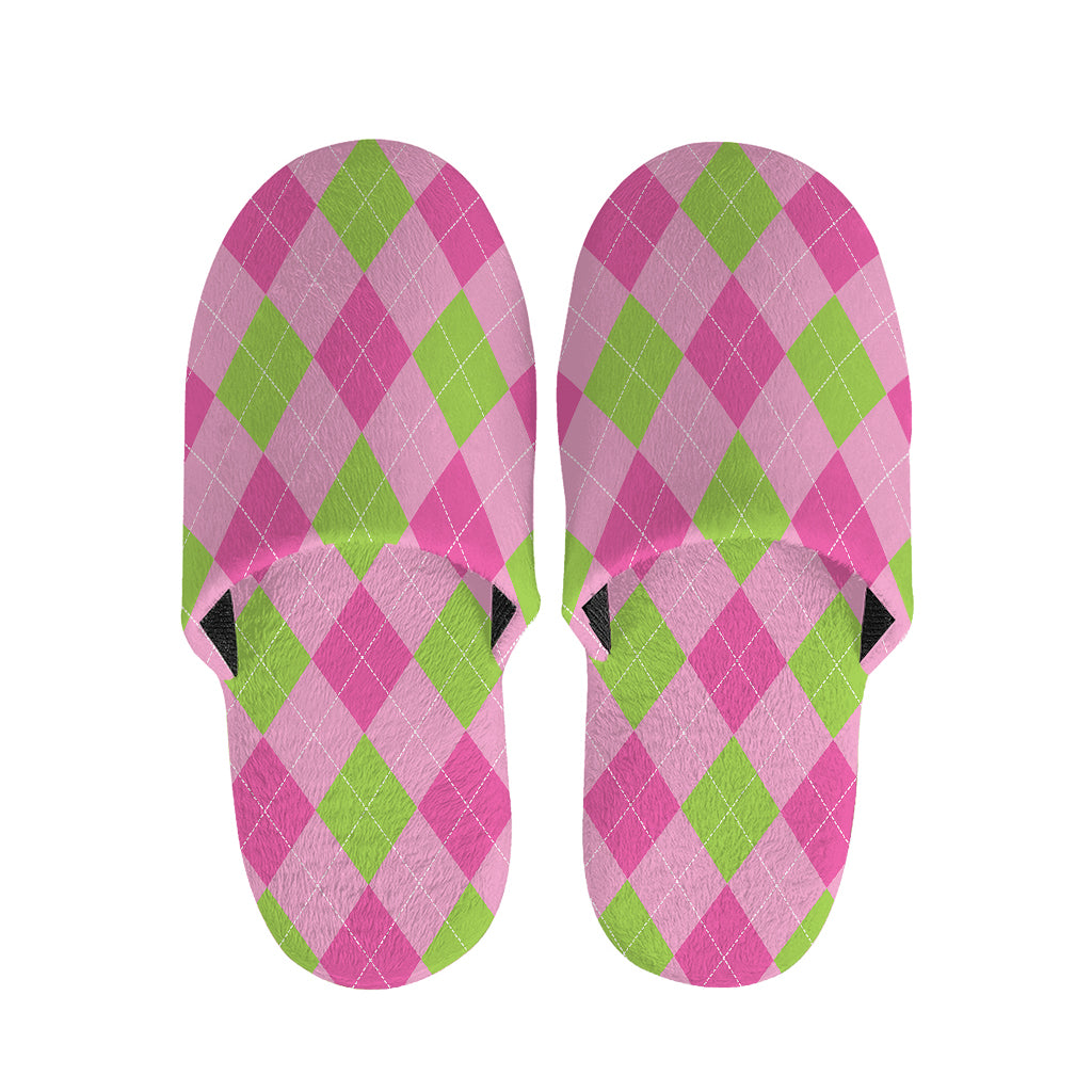 Green And Pink Argyle Pattern Print Slippers