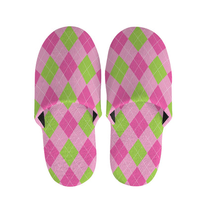 Green And Pink Argyle Pattern Print Slippers