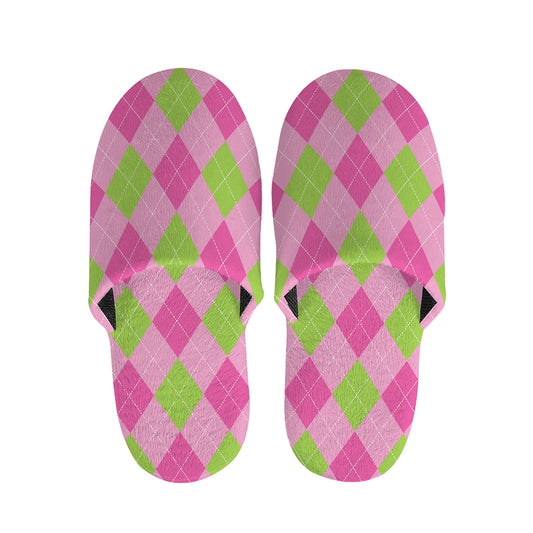 Green And Pink Argyle Pattern Print Slippers