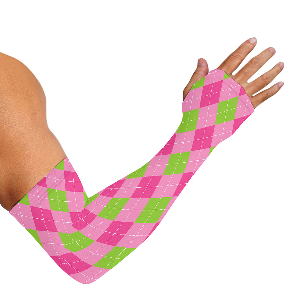 Green And Pink Argyle Pattern Print Sun Protection Arm Sleeves