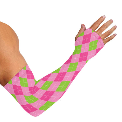 Green And Pink Argyle Pattern Print Sun Protection Arm Sleeves