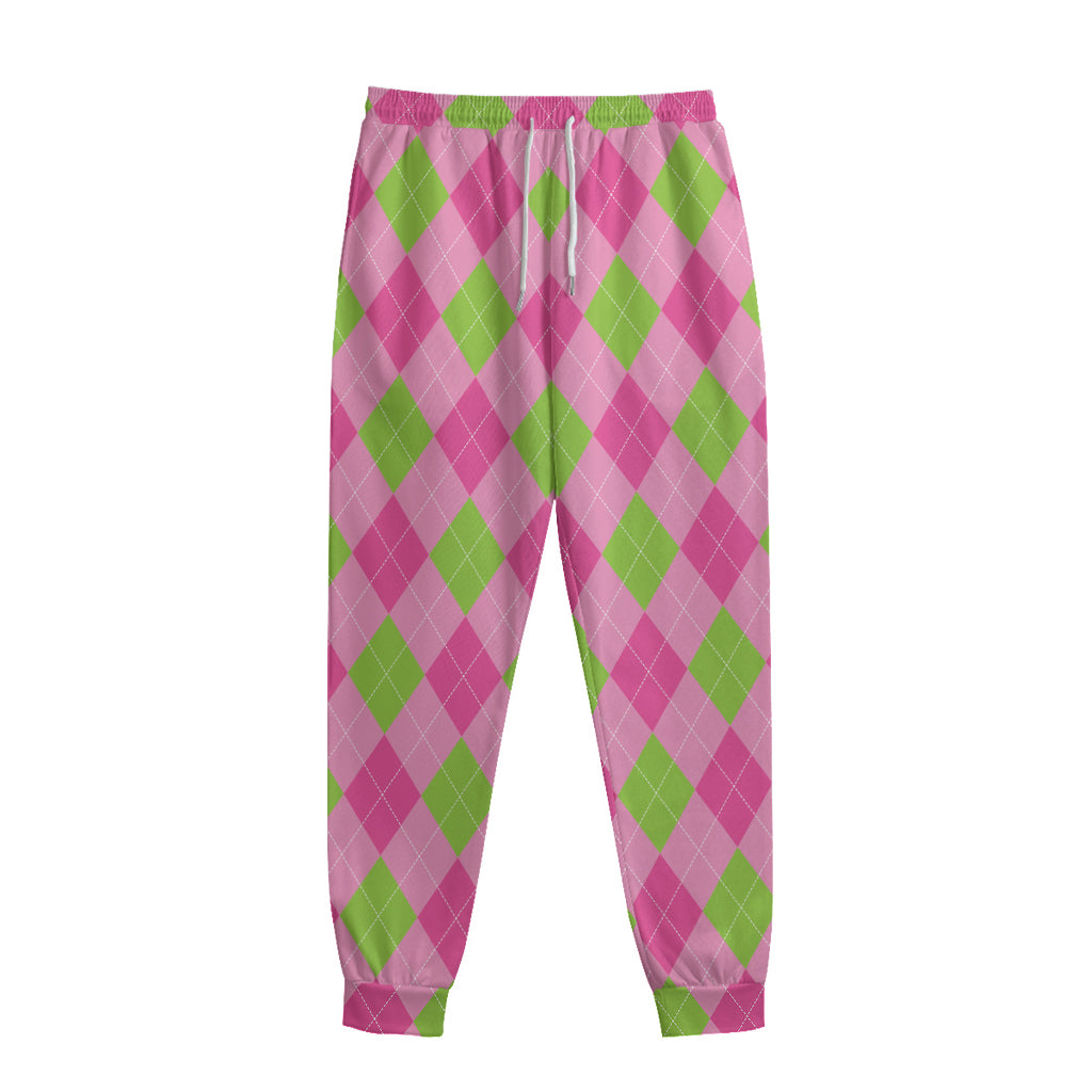 Green And Pink Argyle Pattern Print Sweatpants