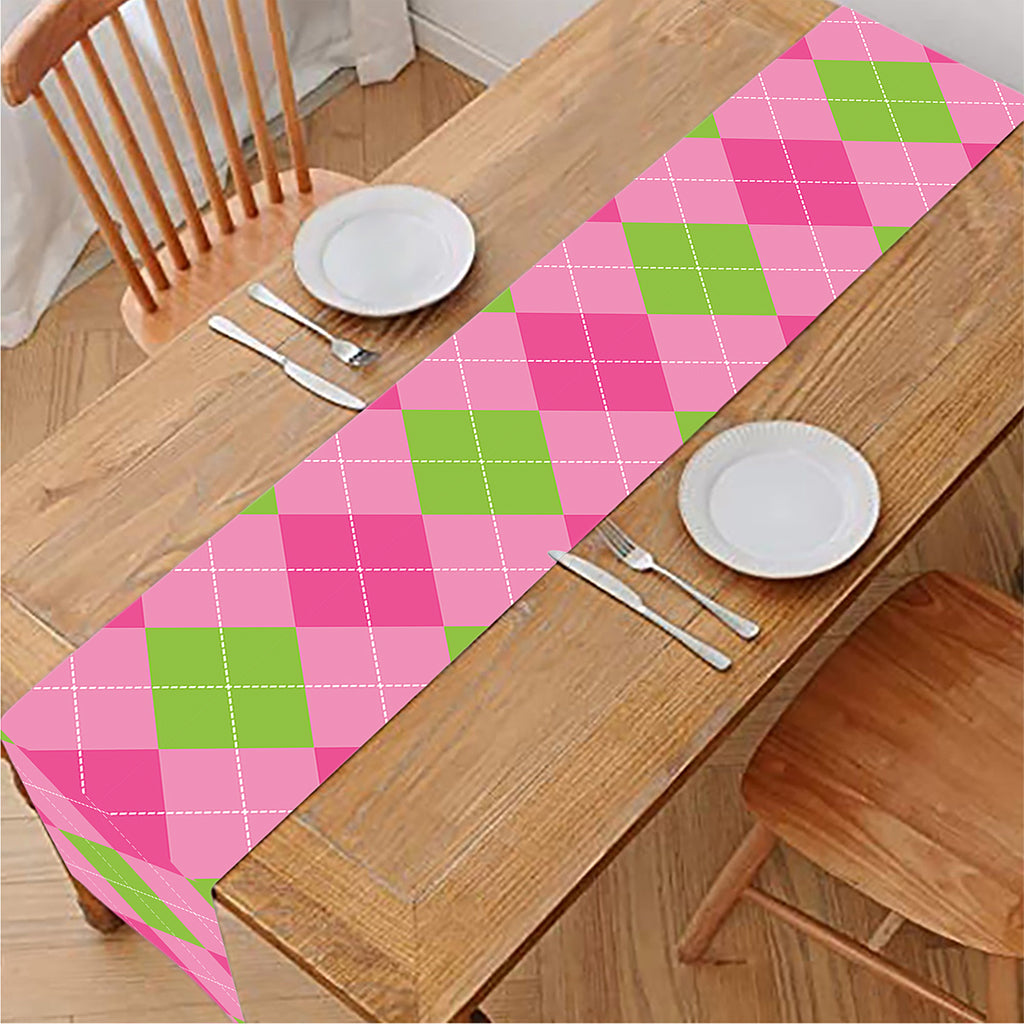Green And Pink Argyle Pattern Print Table Runner