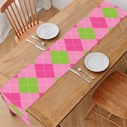 Green And Pink Argyle Pattern Print Table Runner