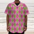 Green And Pink Argyle Pattern Print Textured Short Sleeve Shirt