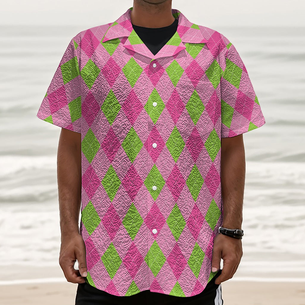 Green And Pink Argyle Pattern Print Textured Short Sleeve Shirt