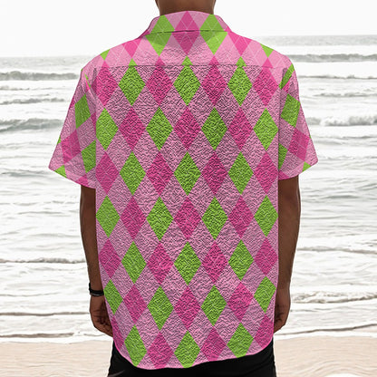 Green And Pink Argyle Pattern Print Textured Short Sleeve Shirt