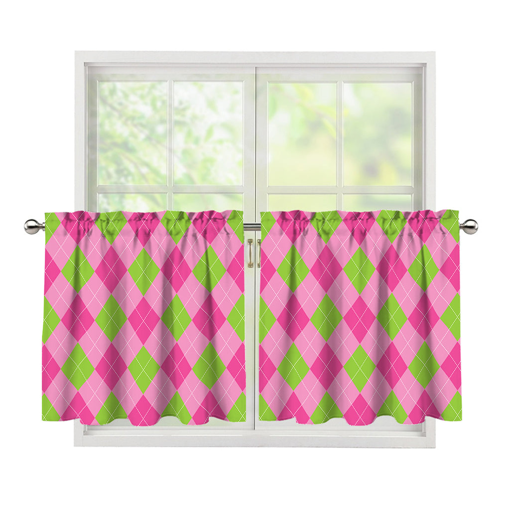 Green And Pink Argyle Pattern Print Tier Curtains
