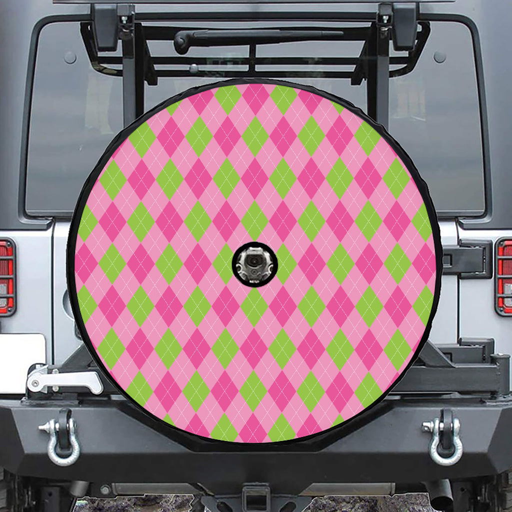 Green And Pink Argyle Pattern Print Tire Cover With Camera Hole