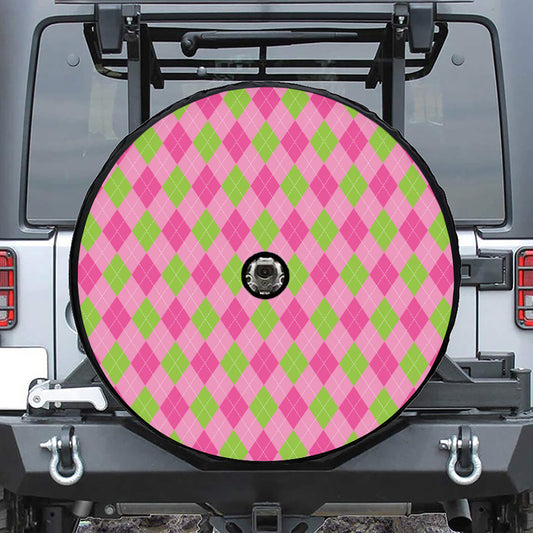 Green And Pink Argyle Pattern Print Tire Cover With Camera Hole