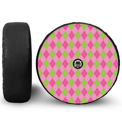 Green And Pink Argyle Pattern Print Tire Cover With Camera Hole