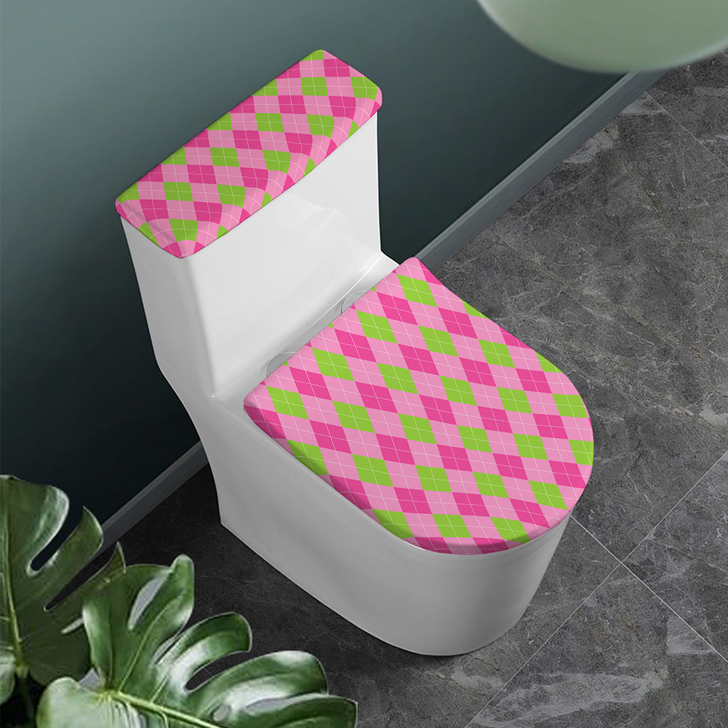 Green And Pink Argyle Pattern Print Toilet Lid And Tank Cover Set