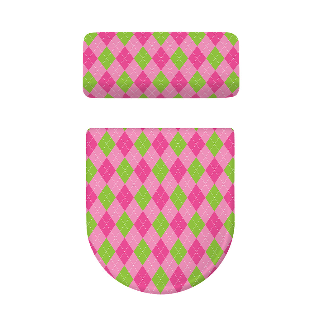 Green And Pink Argyle Pattern Print Toilet Lid And Tank Cover Set