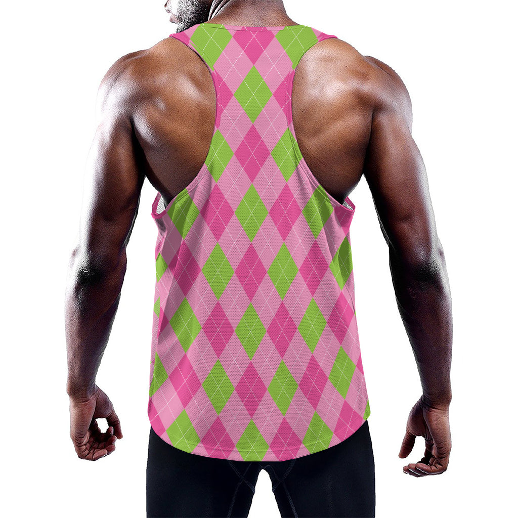 Green And Pink Argyle Pattern Print Training Tank Top