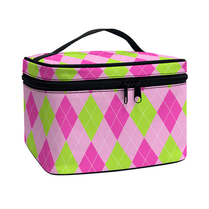 Green And Pink Argyle Pattern Print Travel Makeup Bag
