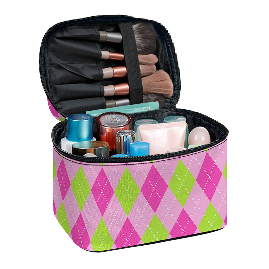 Green And Pink Argyle Pattern Print Travel Makeup Bag