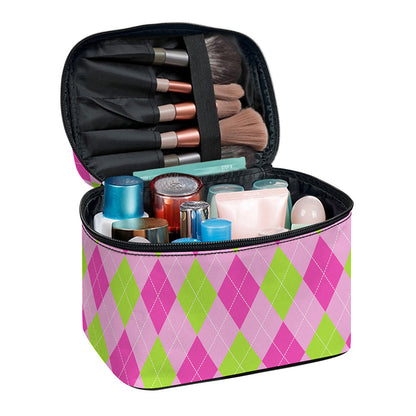 Green And Pink Argyle Pattern Print Travel Makeup Bag