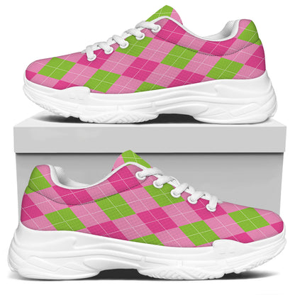 Green And Pink Argyle Pattern Print White Chunky Shoes