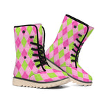 Green And Pink Argyle Pattern Print Winter Boots