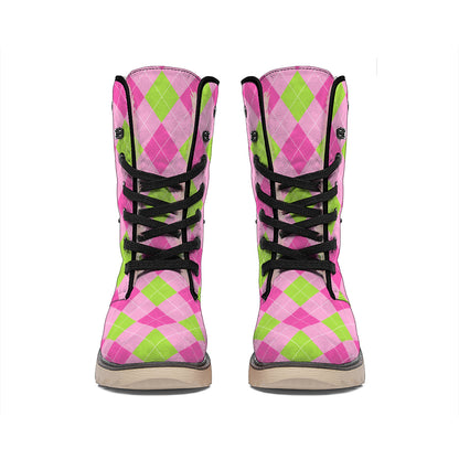Green And Pink Argyle Pattern Print Winter Boots