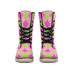 Green And Pink Argyle Pattern Print Winter Boots