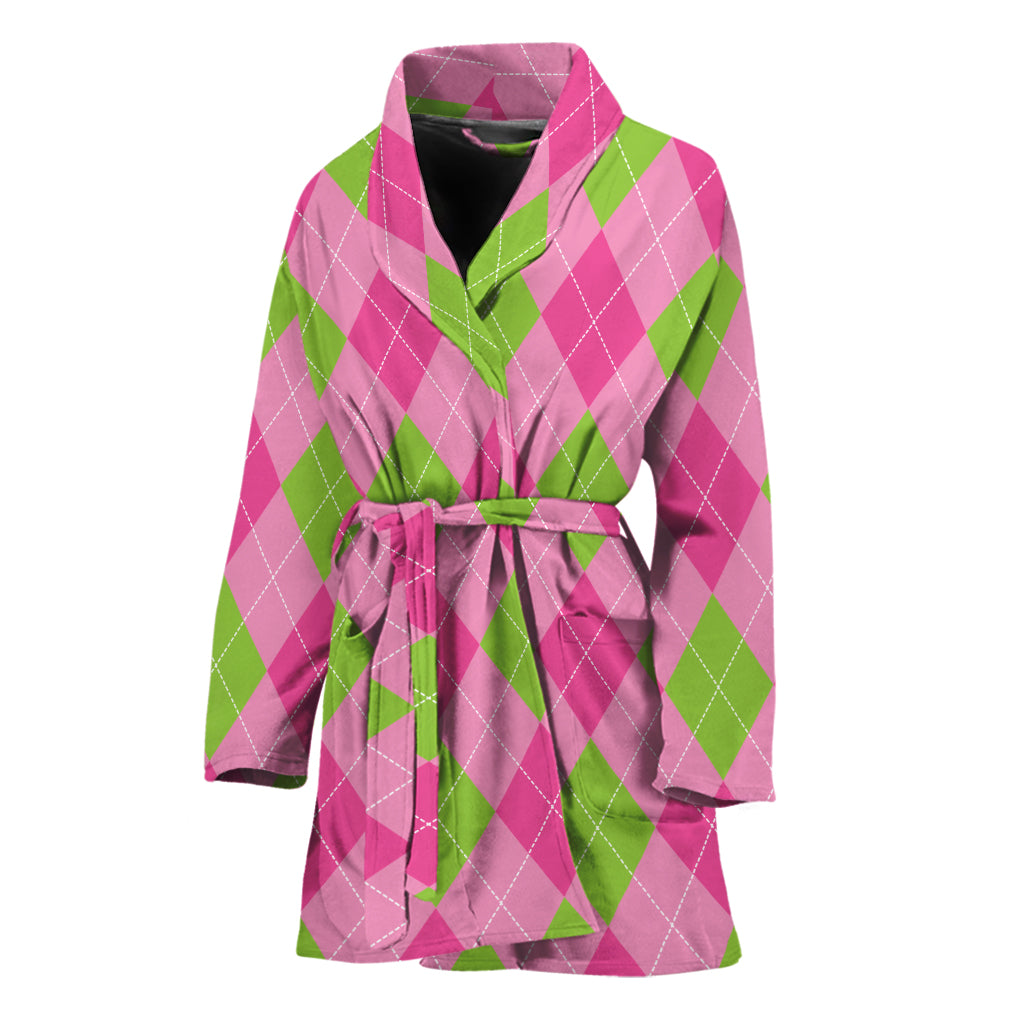 Green And Pink Argyle Pattern Print Women's Bathrobe