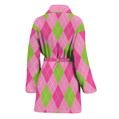Green And Pink Argyle Pattern Print Women's Bathrobe