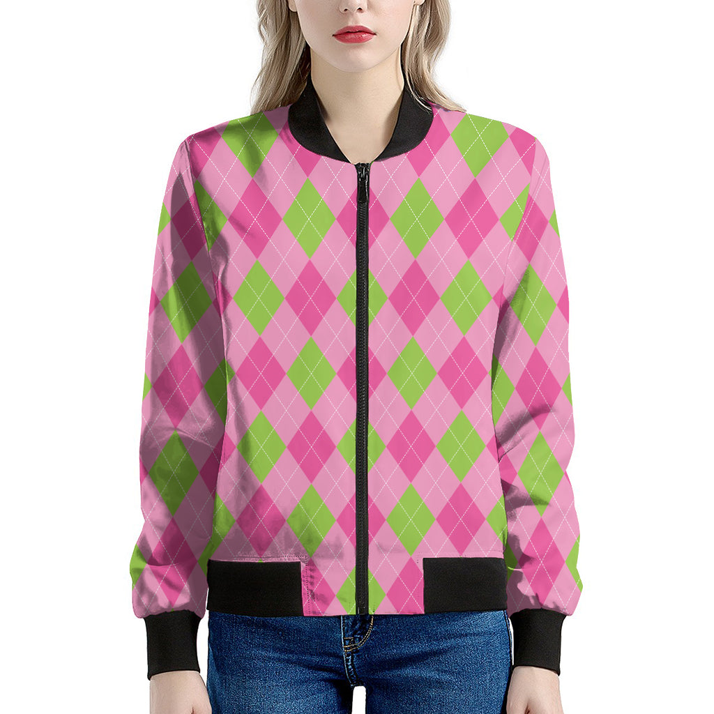 Green And Pink Argyle Pattern Print Women's Bomber Jacket