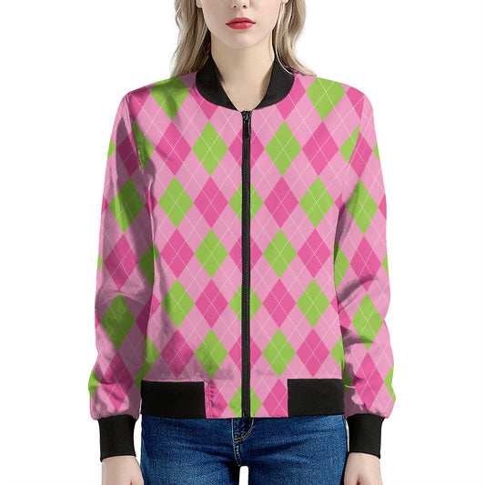 Green And Pink Argyle Pattern Print Women's Bomber Jacket