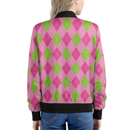 Green And Pink Argyle Pattern Print Women's Bomber Jacket