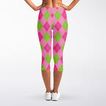 Green And Pink Argyle Pattern Print Women's Capri Leggings