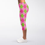 Green And Pink Argyle Pattern Print Women's Capri Leggings