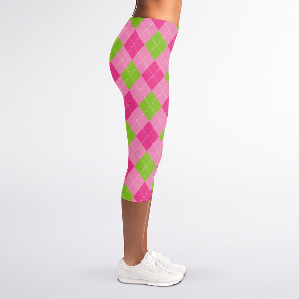 Green And Pink Argyle Pattern Print Women's Capri Leggings