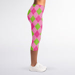 Green And Pink Argyle Pattern Print Women's Capri Leggings