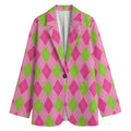Green And Pink Argyle Pattern Print Women's Cotton Blazer