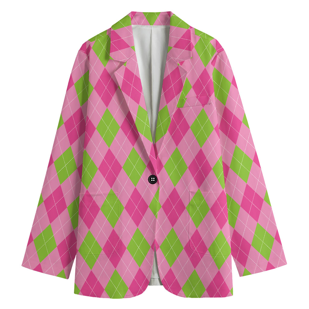 Green And Pink Argyle Pattern Print Women's Cotton Blazer