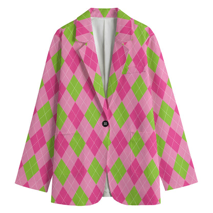 Green And Pink Argyle Pattern Print Women's Cotton Blazer