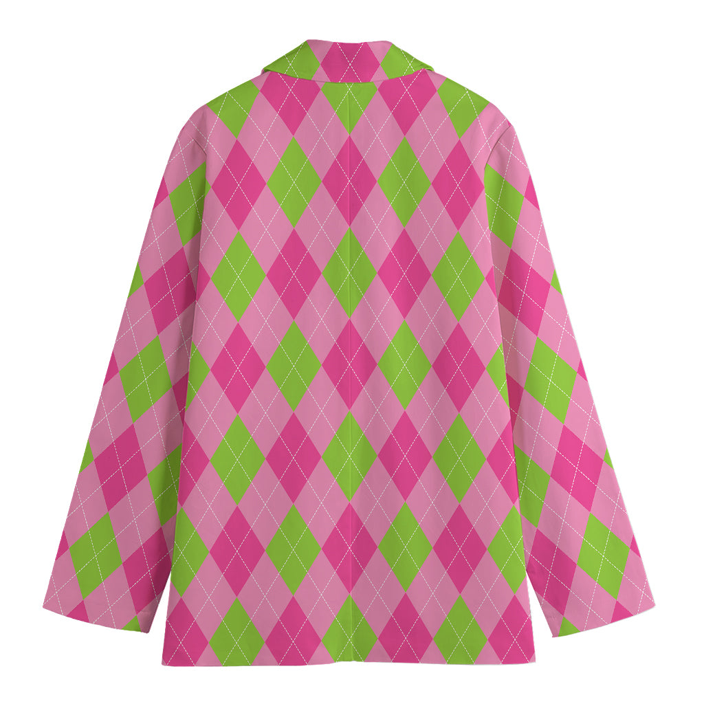Green And Pink Argyle Pattern Print Women's Cotton Blazer