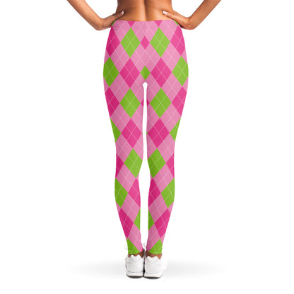 Green And Pink Argyle Pattern Print Women's Leggings